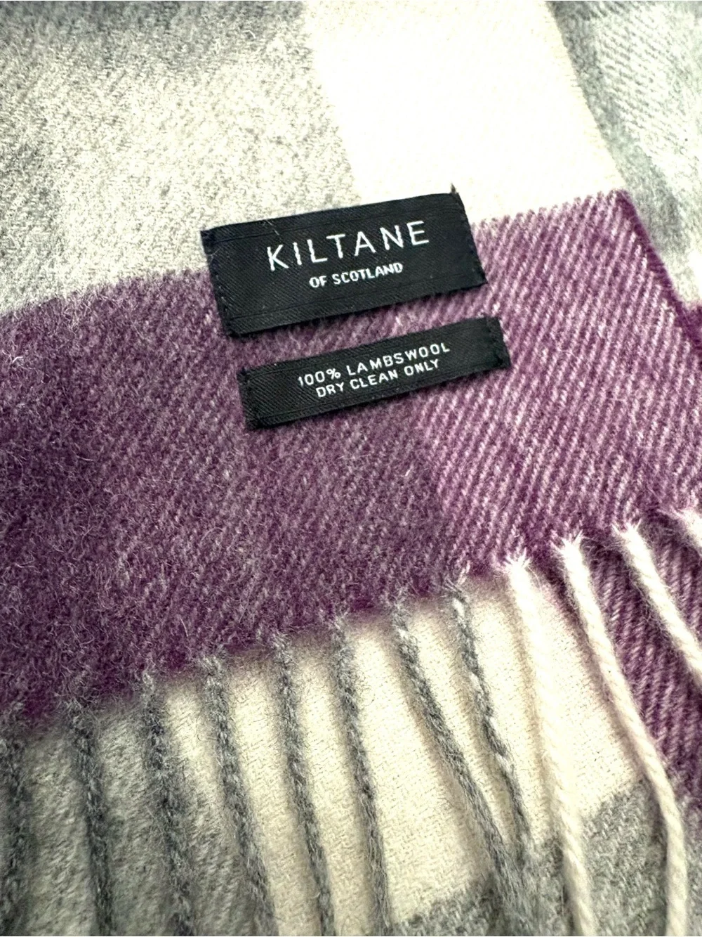 KILTANE 5 Square Check Lambswool Scarf, purple and gray